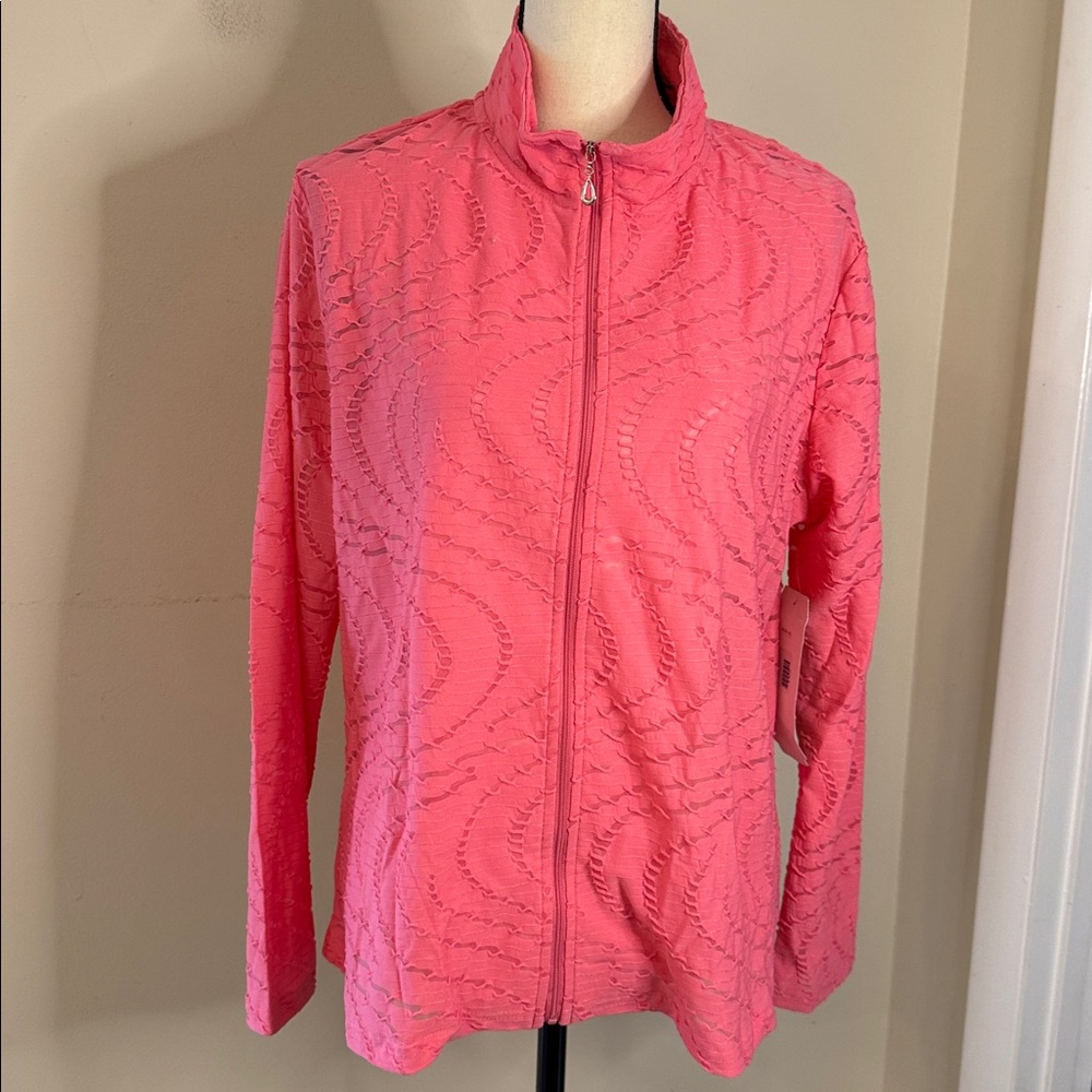 Erin London Coral Pink zippered jacket with a swirled lace textured pattern XL